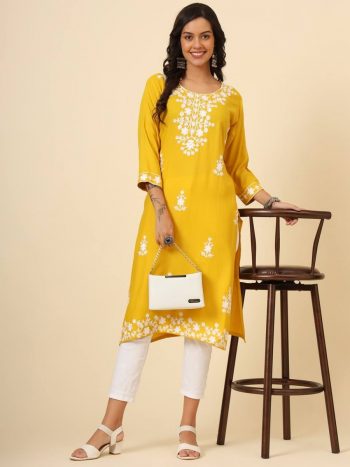 DESIGNER LIVA RAYON LUCKNOWI CHICKENKARI WORK  ONLY KURTI YELLOW