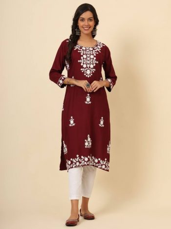 DESIGNER LIVA RAYON LUCKNOWI CHICKENKARI WORK  ONLY KURTI MAROON