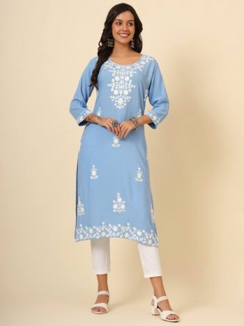 DESIGNER LIVA RAYON LUCKNOWI CHICKENKARI WORK  ONLY KURTI SKY