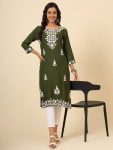 DESIGNER LIVA RAYON LUCKNOWI CHICKENKARI WORK  ONLY KURTI GREEN