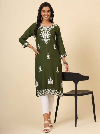DESIGNER LIVA RAYON LUCKNOWI CHICKENKARI WORK  ONLY KURTI GREEN