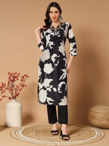 DESIGNER MUSLIN EMBROIDERY SEQUENCE DIGITAL PRINTED TOP WITH BOTTOM SET BLACK