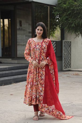 DESIGNER MUSLIN EMBROIDERY WITH DIGITAL PRINT WORK GOWN BOTTOM WITH DUPATTA  RED