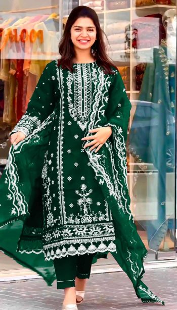 DESIGNER ORGANZA SEQUENCE MULTI EMBROIDERY WORK TOP PANT WITH DUPATTA GREEN