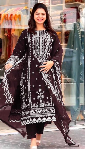 DESIGNER ORGANZA SEQUENCE MULTI EMBROIDERY WORK TOP PANT WITH DUPATTA COFFEE