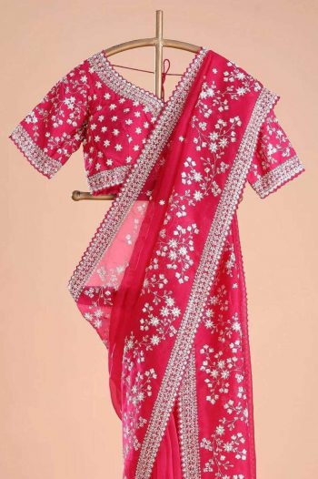 DESIGNER ORGANZA SILK SEQUENCE EMBROIDERY WORK SAREE WITH UNSTITCHED BLOUSE PINK