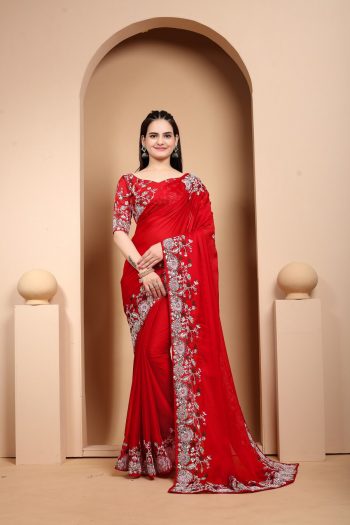 DESIGNER RANGOLI SILK EMBROIDREY PIPING BORDER SAREE WITH UNSTITCHED BLOUSE RED