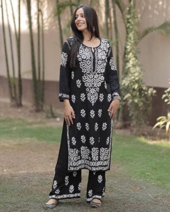 DESIGNER RAYON CHICKENKARI WORK KURTI  PALAZZO SET BLACK