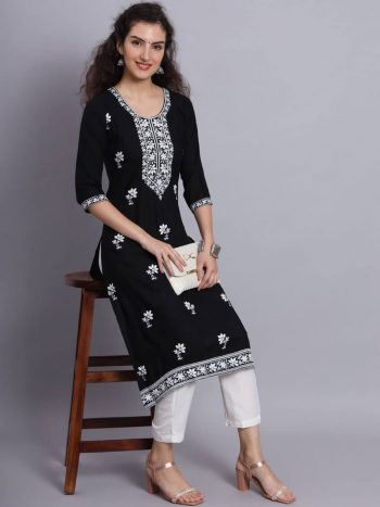 DESIGNER RAYON LUCKNOWI CHICKENKARI WORK  ONLY KURTI BLACK