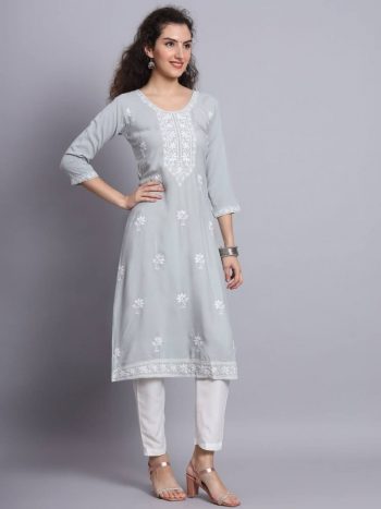 DESIGNER RAYON LUCKNOWI CHICKENKARI WORK  ONLY KURTI GREY