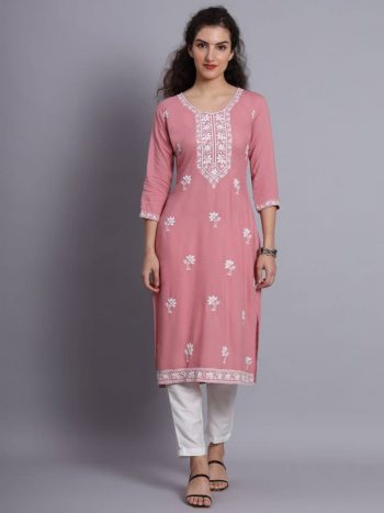 DESIGNER RAYON LUCKNOWI CHICKENKARI WORK  ONLY KURTI BABY PINK