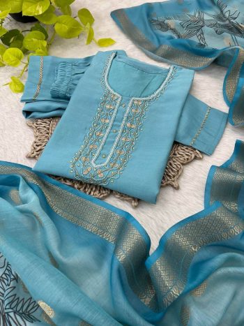 FASHIONABLE  ROMAN SILK NECK HAND WORK KURTI PANT WITH DUPATTA SKY