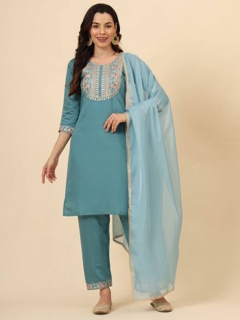 DESIGNER SILK BLEND EMBROIDERY WORK TOP BOTTOM WITH DUPATTA SKY