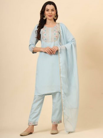 DESIGNER SILK BLEND EMBROIDERY WORK TOP BOTTOM WITH DUPATTA SKY