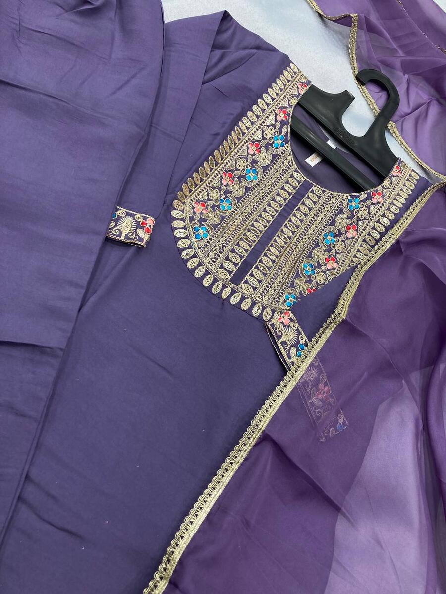 DESIGNER SILK BLEND EMBROIDERY WORK TOP BOTTOM WITH DUPATTA PARTY WEAR WHOLESALE PRICE ETHNIC GARMENT (23)
