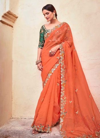 PARTY WEAR EMBROIDERY WORK SAREE WITH UNSTITCHED BLOUSE