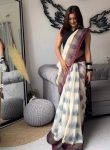 DESIGNER SOFT LINEN DIGITAL PRINT WORK SAREE WITH UNSTITCHED BLOUSE WHITE