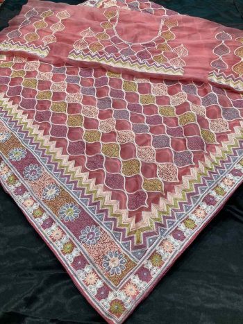 DESIGNER SOFT NET EMBROIDERY WORK SAREE WITH UNSTITCHED BLOUSE BABY PINK