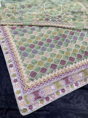 DESIGNER SOFT NET EMBROIDERY WORK SAREE WITH UNSTITCHED BLOUSE PISTA