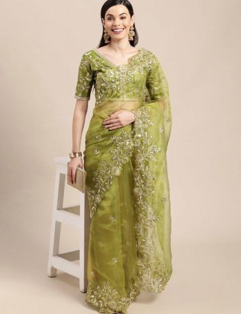 PARTY WEAR EMBROIDERY WORK SAREE WITH UNSTITCHED BLOUSE GREEN