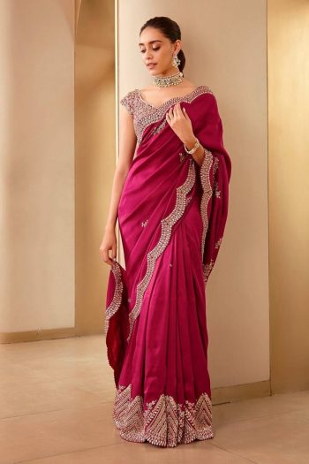 DESIGNER SOFT VICHITRA SILK THREAD SEQUENCE WORK SAREE WITH UNSTITCHED BLOUSE RANI