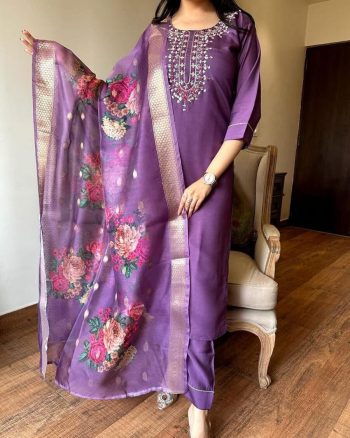 DESIGNER VISCOSE CHANDERI WITH SEQUENCE CODING EMBROIDERY WORK TOP BOTTOM WITH PRINTED DUPATTA PURPLE
