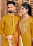 DESIGNER VISCOSE WEAVING STRIP WORK WOMEN TOP BOTTOM WITH DUPATTA WITH MENS KURTA WITH PAJAMA COUPLE WEAR PARTY WEAR WHOLESALE PRICE ETHNIC GARMENT (5).jpeg