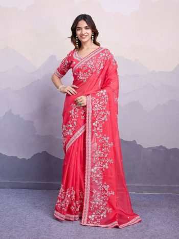 DESOGNER TABBY ORGANZA EMBROIDERY WORK SAREE WITH UNSTITCHED BLOUSE RED