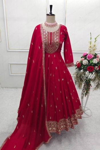 FANCY CHINON EMBROIDERY SEQUENCE WORK GOWN BOTTOM WITH DUPATTA RED