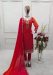 FANCY CHINON SILK DIGITAL PRINTED EMBROIDERY WORK TOP BOTTOM WITH DUPATTA RED
