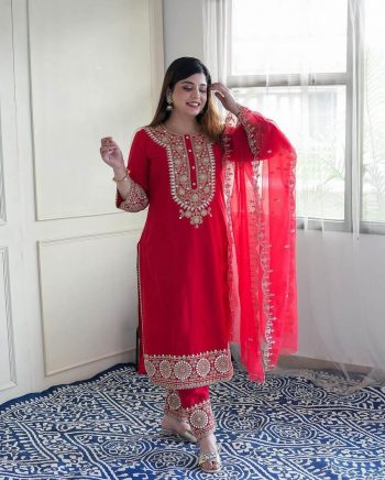 FANCY CHINON SILK EMBROIDERY CODING DORI-SEQUENCE WORK TOP BOTTOM WITH DUPATTA RED