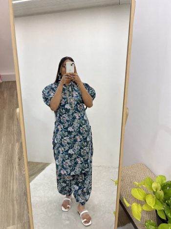 FANCY COTTON CHANDERI MILLE PRINT WORK CO-ORD SET BLUE