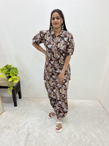 FANCY COTTON CHANDERI MILLE PRINT WORK CO-ORD SET BROWN
