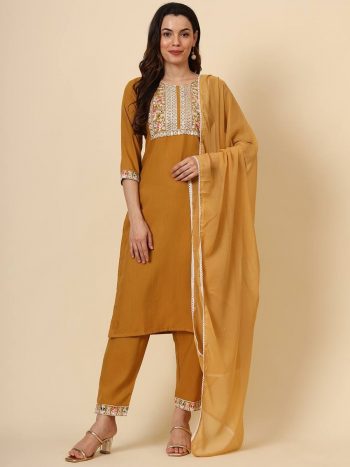 FANCY COTTON EMBROIDERY WORK TOP BOTTOM WITH DUPATTA MUSTARD