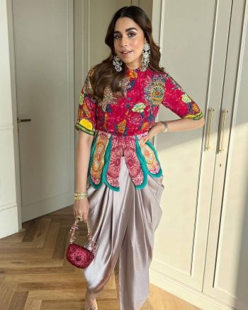 FANCY CREPE SILK PRINTED WITH EMBROIDERY WORK TOP WITH DHOTI STYLE PANT PINK