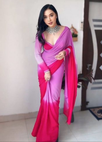 FANCY GEORGETTE MULTI COLOR DIGITAL PRINT WORK READY TO WEAR SAREE WITH UNSTITCHED BLOUSE  PINK