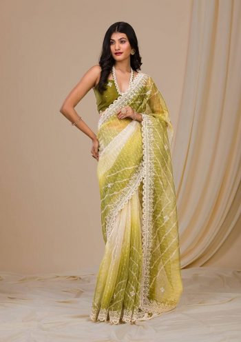 FANCY GEORGETTE SEQUENCE AND THREAD WORK SAREE WITH UNSTITCHED BLOUSE MEHNDI