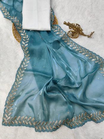 FANCY JIMMY CHOO DIAMOND  SEQUENCE THREAD EMBROIDERY WORK SAREE WITH UNSTITCHED BLOUSE SKY