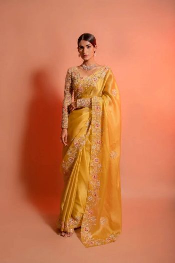 FANCY ORGANZA EMBROIDERY SEQUENCE  WORK SAREE WITH UNSTITCHED BLOUSE YELLOW