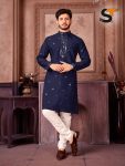 FANCY ROMAN SILK EMBROIDERY SEQUENCE WORK MENS KURTA PAJAMA FESTIVAL WEAR WHOLESALE PRICE ETHNIC GARMENT (11)