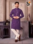 FANCY ROMAN SILK EMBROIDERY SEQUENCE WORK MENS KURTA PAJAMA PURPLE