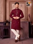 FANCY ROMAN SILK EMBROIDERY SEQUENCE WORK MENS KURTA PAJAMA FESTIVAL WEAR WHOLESALE PRICE ETHNIC GARMENT (2)