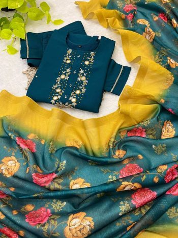 ATTRCATIVE  ROMAN SILK NECK HAND WORK KURTI PANT WITH DUPATTA TEAL