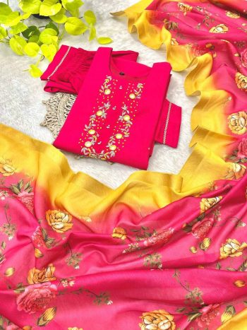ATTRCATIVE  ROMAN SILK NECK HAND WORK KURTI PANT WITH DUPATTA PINK