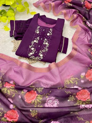 ATTRCATIVE  ROMAN SILK NECK HAND WORK KURTI PANT WITH DUPATTA WINE