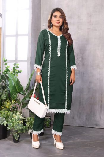 FANCY STAR GEORGETTE COTTON LACE BORDER WORK TOP PANT SET GREEN