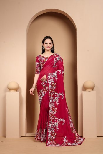FANCY TABBY ORGANZA SILK EMBROIDERY LACE WORK SAREE WITH UNSTITCHED BLOUSE RANI