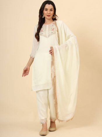 FANCY VICHITRA SILK EMBROIDERY WORK TOP BOTTOM WITH DUPATTA WHITE