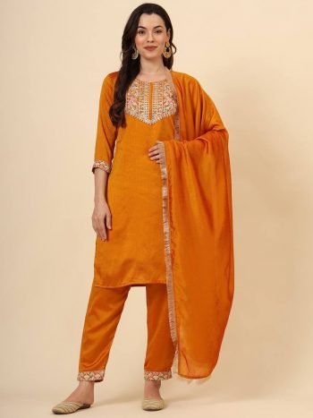 FANCY VICHITRA SILK EMBROIDERY WORK TOP BOTTOM WITH DUPATTA MUSTARD