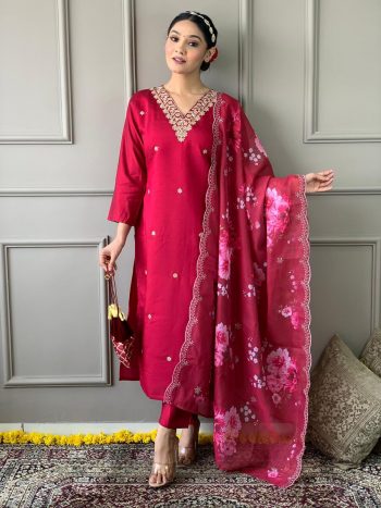 FANCY VISCOSE CHANDERI EMBROIDERY WORK TOP BOTTOM WITH DUPATTA PINK